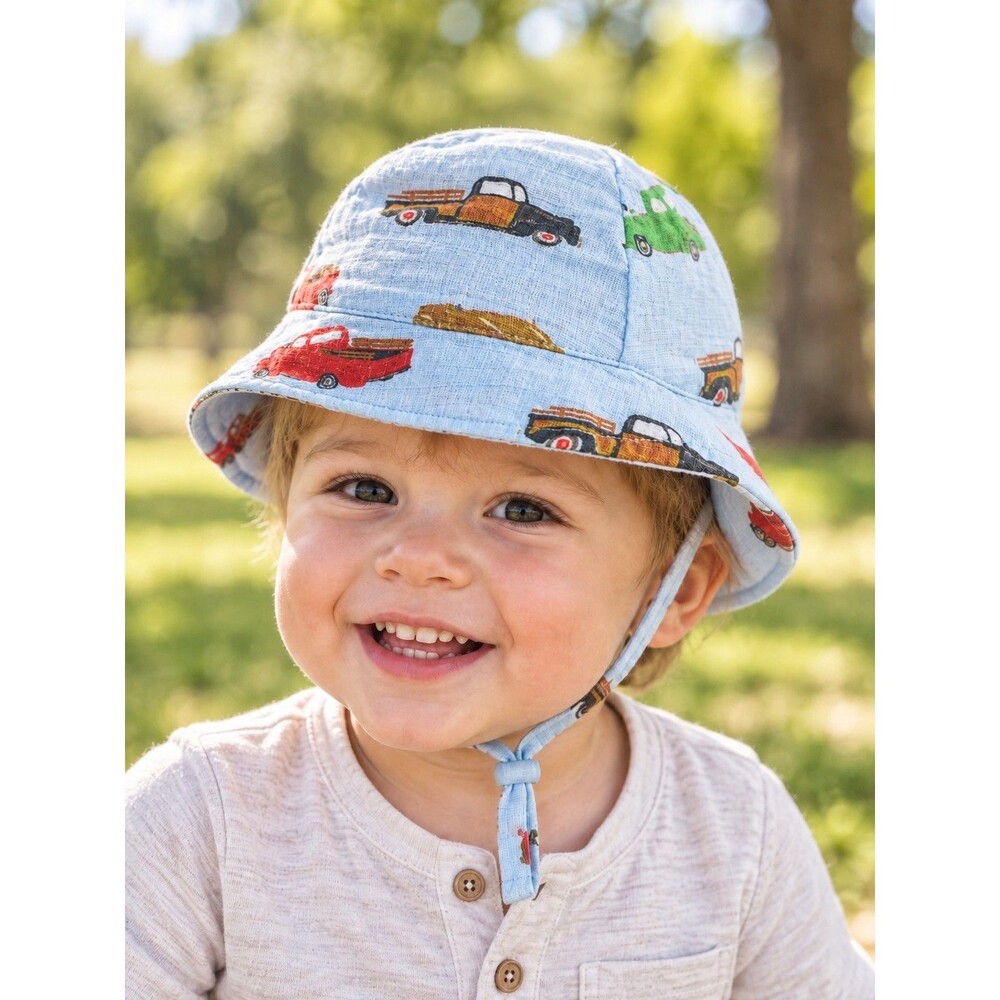 Baby Boys Blue Vintage Truck Print Reversible Bucket Sun Hat Adjustable Tie...